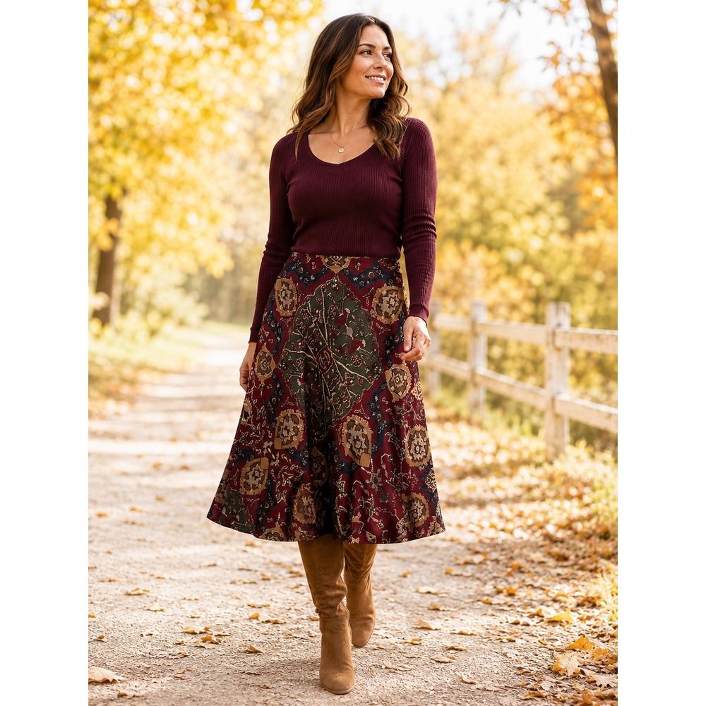 Lauren Ralph Lauren Midi Skirt Womens 10‎ Burgundy NWOT Tapestry A-Line Print